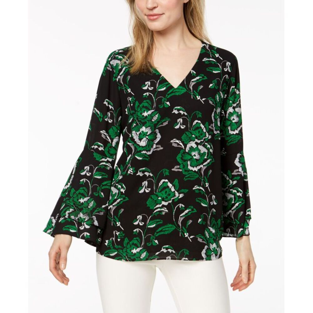 Alfani Printed V Neck Poet Sleeve Top